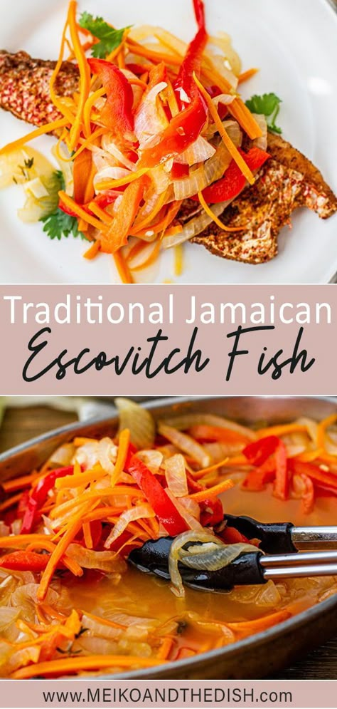 Jamaican Escovitch Fish Recipe, Jamaican Escovitch Fish, Cassava Bread, Escovitch Fish, Red Snapper Recipes, Snapper Recipes, Jamaica Food, Jamaican Dishes, Jamaican Food