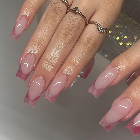 Marble French Tip, Pink Frenchies, Pink Marble Nails, Vegas Nails, Rose Nails, Pink Gem, Pink Acrylic, Pink Acrylics, Clear Nails