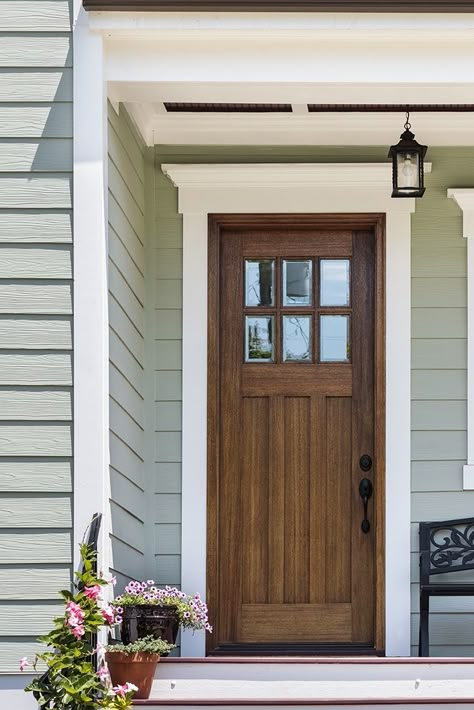 Sage Green House Exterior, Natural Wood Front Door, Green Siding House, Light Green House, Green Home Exterior, Sage Green House, Green Exterior Paints, Green Exterior House Colors, Green House Exterior