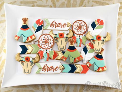 Aztec Cookies, Boho Cookies, Semi Sweet Designs, Pow Wow Party, Indian Birthday Parties, Jordan Baby Shower, Skull Cookies, Bird Cookies, Cookie Platter