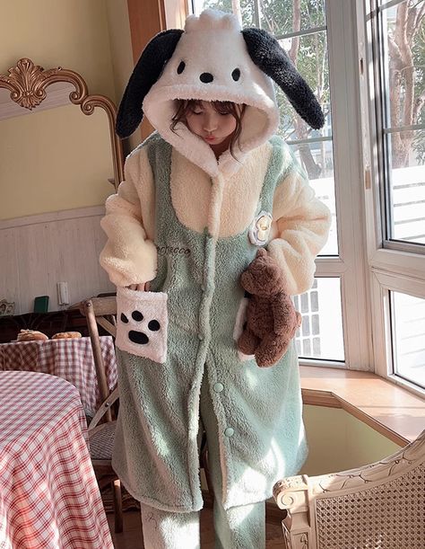 Onesie Aesthetic, Pochacco Outfit, Cute Pajama, Pochacco Costume, Sanrio Pochacco, Onesie Ideas, Pochacco Pajamas, Chococat Sanrio Pajamas, Pochacco Clothes