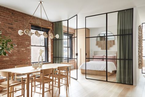 Soho Apartment, Warm Industrial, Red Brick Walls, Soho Loft, New York Loft, Loft Industrial, Farmhouse Side Table, Apartment Renovation, Exposed Brick Walls