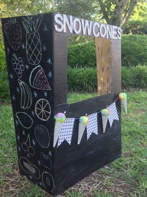 Make a DIY snow cone stand for the kids this summer.  Complete with DIY snow cones! Diy Snow Cone, Snowcone Stand, Chalkboard Paint Wall, Snow Cone Stand, Play Snow, Lemonade Stands, Rainbow Unicorn Birthday Party, Snow Cone Syrup, Paint Walls