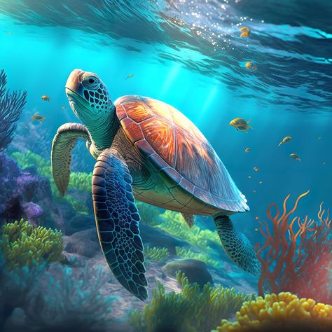 Download free HD stock image of Sea Turtle Turtle Facts, World Turtle Day, Sea Turtle Art, Turtle Swimming, Turtle Art, In The Ocean, Bedroom Art, Tropical Fish, Mosaic Crafts