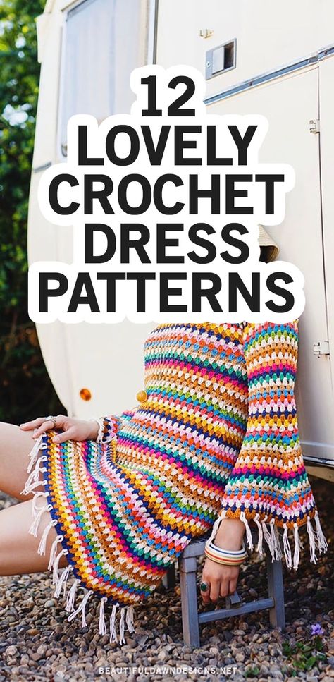 Once the weather warms up, I have plans of wearing a beautiful crochet dress. I love this good vibrations crochet dress. It's so bright, colorful, and creative. If you love the 70's style, you're going to love this crochet dress. It looks great paired with a floppy hat. Crochet Festival Outfit Pattern Free, Free Retro Crochet Patterns, Crochet 70s Dress, Crochet 70s Fashion, Free 70s Crochet Patterns, Crochet Festival Dress, Crochet Boho Clothes, Crochet Boho Dress Pattern Free, Crochet Maxi Dress Pattern Free Easy Diy