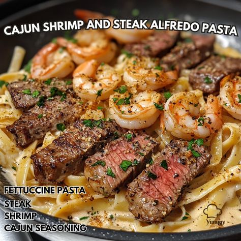 🔥 Elevate your pasta game with this flavor-packed Cajun Shrimp and Steak Alfredo Pasta! 🍤🥩 Cajun Shrimp and Steak Alfredo Pasta Ingredients: - 8 oz fettuccine pasta - 8 oz steak, sliced - 1 lb shrimp, peeled and deveined - 2 tbsp Cajun seasoning - 2 tbsp olive oil - 4 cloves garlic, minced - 1 cup heavy cream - 1 cup grated Parmesan cheese - Salt and pepper to taste - Fresh parsley for garnish Instructions: 1. Cook pasta according to package instructions. Drain and set aside. 2. Season ste... Cajun Shrimp & Steak Alfredo Pasta, Cajun Shrimp And Steak Alfredo Pasta, Steak And Shrimp Pasta, Steak And Pasta Recipes, Shrimp And Steak Alfredo Pasta, Steak Alfredo Pasta, Steak Alfredo, Pasta Cajun, Prawn Pasta