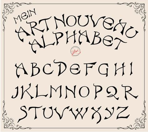 Jugendstil Schrift - Art nouveau script for download Art Nouveau Writing, Art Nouveau Lettering, Reference For Art, Lettering Styles Alphabet, Handwriting Alphabet, Alfabet Letters, Lettering Art, Hand Lettering Fonts, Lettering Alphabet Fonts