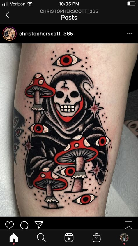 Witchy Mushroom, Mushroom Tattoo, Traditional Tattoo Inspiration, Mushroom Tattoos, Traditional Tattoo Sleeve, Creepy Tattoos, Traditional Tattoo Art, Horror Tattoo, Badass Tattoos