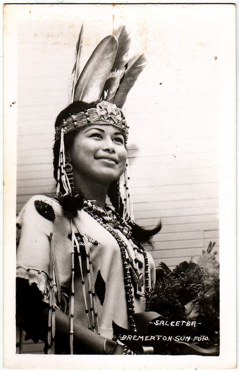 COAST SALISH Beauty nammed "Saleetsa", Suquamish or Port Gamble S'Klallam Tribe. Kitsap Peninsula, Wasingtown State, c.1930-40s. Photo from the Bremeton Sun, a newspaper in Washington state. Real Photo Postcard edited after 1940. Suquamish Tribe, Kitsap Peninsula, Native American Indian Tribes, Deception Pass, Coast Salish, Native American Quotes, Ghost Story, Indigenous Americans, Indian Tribes