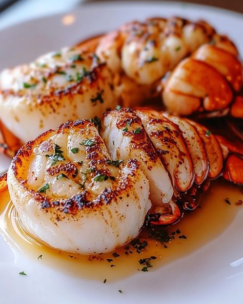 "🦞 Garlic Butter Lobster and Scallops �🧄🦪 Savor the Sea's Bounty with Every Bite! Perfect for a special evening, this dish brings the ocean's freshness right to your dining table, combining the rich, buttery flavors of lobster and scallops with a hint of garlic. 🍽️ Ingredients 🍽️ - For the Scallops: - 1/2 lb sea scallops, patted dry - 1 tbsp olive oil - 2 tbsp unsalted butter - 2 cloves garlic, minced - Salt and pepper to taste - Fresh parsley for garnish - For the Lobster: - 2 lobst... Garlic Butter Lobster, Butter Lobster, Lamb Sauce, Prawn Dishes, Sea Scallops, Cooking Seafood, Cooking On The Grill, Fish Dishes, Food Diary