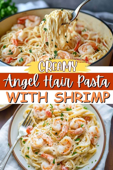 This creamy angel hair pasta with shrimp is to die for! With flavors of garlic and white wine, it's a restaurant-style dish you can whip up at home. Creamy Angel Hair Pasta, Angel Hair Pasta With Shrimp, Shrimp Angel Hair Pasta, Shrimp Pasta Dishes, Pasta With Shrimp, Creamy Shrimp Pasta, Best Seafood Recipes, Shrimp Recipes For Dinner, Angel Hair Pasta