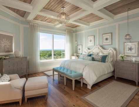 Coastal Bedroom With Coffered Ceiling                                                                                                                                                     More Primary Bedroom Ideas 2023, Costal Bedroom, Coastal Style Bedroom, Modern Coastal Bedroom, Coastal Apartment, Beach Style Bedroom, Coastal Bedroom Decorating, White Decoration, Bedroom Bliss