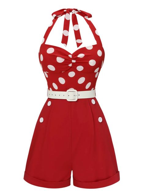 RED 1950S POLKA DOTS PATCHWORK HALTER ROMPER Pinup Costume Halloween, 1940-1950 Fashion, Pin Up Outfits Vintage, 1950s Romper, 1950s Outfit Ideas, 60s Sportswear, 50s Rockabilly Fashion, Pinup Costume, 60s Outfits