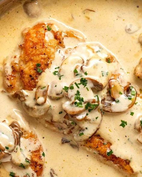 Close up of Chicken Breast in Creamy Mushroom sauce in a skillet, fresh off the stove Recipes With Cream Of Mushroom, Baked Chicken Breast Recipes, Quick Chicken Breast Recipes, Tin Eats, Crusted Chicken Breast, Chicken With Mushrooms, Recipetin Eats, Recipe Tin, Creamy Mushroom Sauce