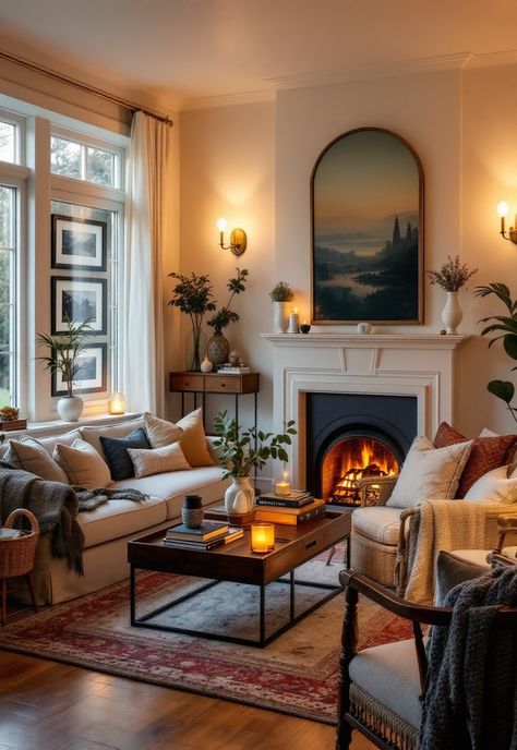 Cozy Lighting Living Room Living Room With Fireplace Decor, Warm Light Living Room, Living Room Lighting Ideas Ceiling, Warm Lighting Living Room, Living Room Lamp Ideas, Cozy Living Room Lighting, Lighting Living Room Ideas, Cozy Lighting Living Room, Ambient Lighting Living Room