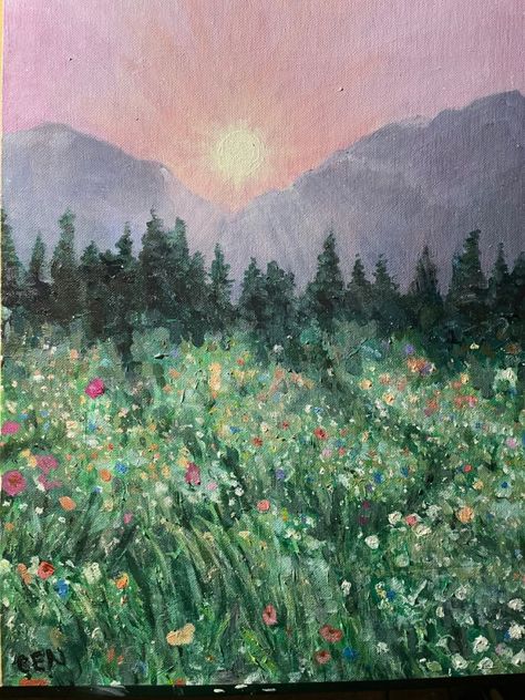 one of my old paintings of a flower field Flowers In Field Painting, Person In Flower Field Drawing, Impressionist Flower Field, Flowers And Grass Painting, Wildflower Field Painting Easy, Flower Field Sketch Pencil, Painting Of Flower Field, Flower Field Painting Watercolors, Easy Meadow Painting