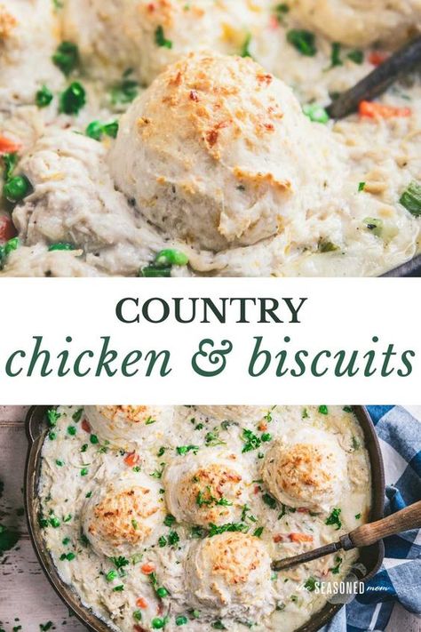 Country Chicken and Biscuits is a classic down-home comfort food dinner! The creamy chicken and vegetables are topped with fluffy, cheesy drop biscuits for a hearty and delicious family-friendly meal. Bake it in a casserole dish or in a cast iron skillet and supper is served! Biscuit Gravy, Country Chicken, Dried Parsley, Chicken And Biscuits, Drop Biscuits, Favorite Recipes Dinner, Comfort Food Recipes Dinners, Chopped Carrots, Supper Recipes