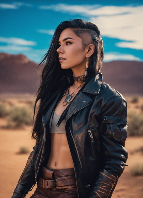 Lexica - Cyberpunk Navajo androgenous nonbinary high tech nomad long hair. leather jacket in a desert cyberpunk comic book hyper realistic comic... Native American Cyberpunk, Desert Cyberpunk, Native American Character Art, Nomad Cyberpunk, Cyberpunk Nomad, Native American Character, Cyberpunk Comic, Star Wars References, Space People