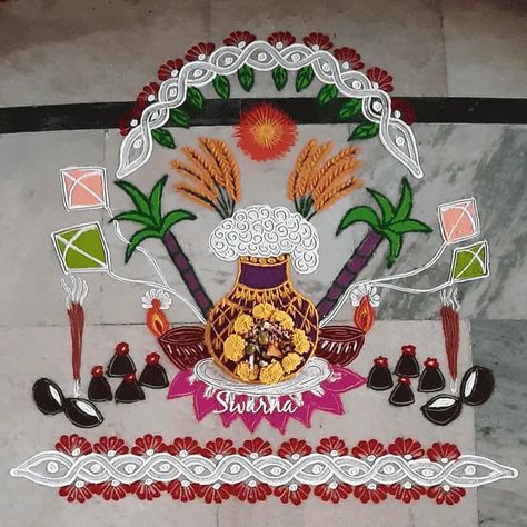 Sankranthi Muggulu With Colours, Rangoli With Flowers, Pongal Muggulu, Theme Rangoli, Pongal Rangoli Design, Sankranti Muggulu, Rangoli Painting, Pongal Festival, Pongal Rangoli