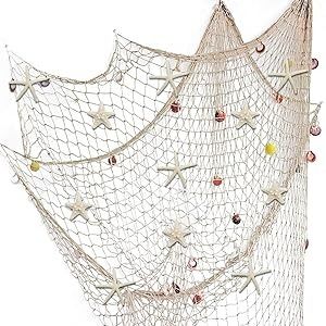 Amazon.com: 79 x 59 inch Nature Fish Net Wall Decoration with Colorful Sea Shells and 10 Pcs Natural Starfish Ocean Themed Mediterranean Style Fishing Net for Beach Party,Wedding,photography Wall Decoration : Home & Kitchen Decoration With Shells, Fish Net Decor, Mediterranean Style Decor, Ocean Themed Rooms, Beach Theme Bathroom, Fish Net, Beach Wall Decor, Fishing Net, Pirate Party