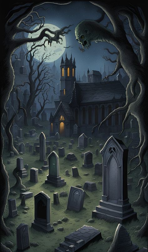 Cemetery Illustration, Haunted House Aesthetic, Halloween Screensavers, Joseph Vargo, Busy Drawing, Wallpaper Horror, Spooky Halloween Pictures, Happy Halloween Pictures, Stuffed Pumpkin