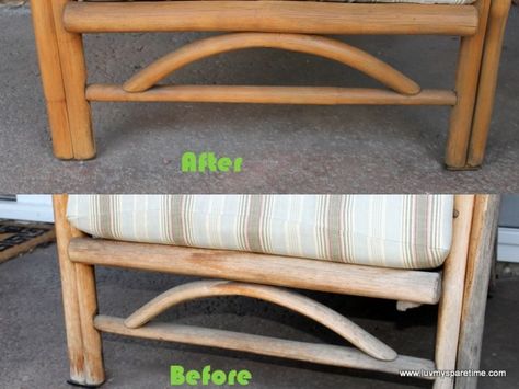 Refinishing Rattan Chairs, How To Refinish Bamboo Furniture, Rattan Furniture Repair, Spray Paint Rattan Chair, How To Fix Rattan Chair, Painted Bamboo Chairs, Bamboo Chair Makeover, Bamboo Furniture Makeover, Rattan Furniture Makeover