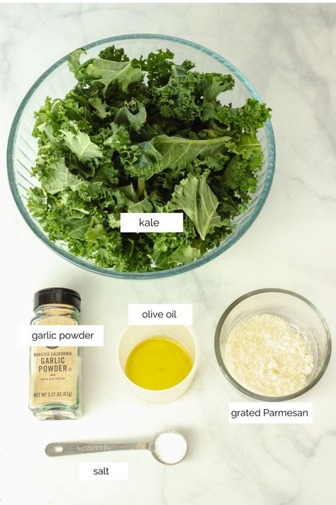 Ingredients needed to make air fryer kale chips. Air Fryer Kale Recipes, Kale Air Fryer Recipes, Kale In Air Fryer, Air Fried Kale Chips, Kale Chips Air Fryer Recipe, Crispy Kale Chips Air Fryer, Air Fry Kale Chips, Airfryer Kale Chips, Air Fry Kale