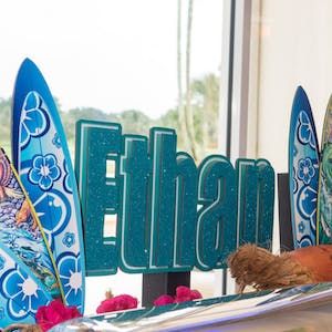 Beach Blow Out Bar Mitzvah at BallenIsles Country Club in Palm Beach Gardens, FL | Creative Touch Party Design | PartySlate Blow Out Bar, Bar Mitzvah Centerpieces, Surf Bar, Mitzvah Centerpieces, Luau Birthday Party, Luau Birthday, Blow Out, Palm Beach Gardens, Beach Gardens