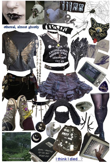 crowcore kinda vibes or like a dark fairy Fairy Grunge Lookbook, Dark Fairycore Jewelry, Dark Faerie Aesthetic Clothes, Crowcore Fashion, Crowcore Outfit, Grunge Fairycore Jewelry, Fairycore Outfit Board, Dark Fairy, Outfit Collage