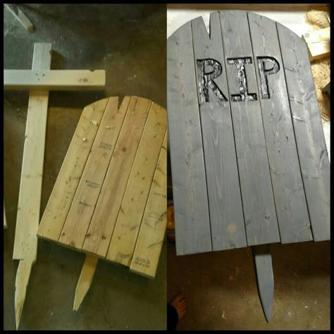 Haunted Cemetary Decorations, Halloween Headstone Diy, Diy Halloween Gravestones, Halloween Decorations Outdoor Pallets, Diy Halloween Cemetary Ideas, Pallet Halloween Projects, Pallet Tombstones Diy, Diy Halloween Coffin, Tumb Stones Halloween Diy