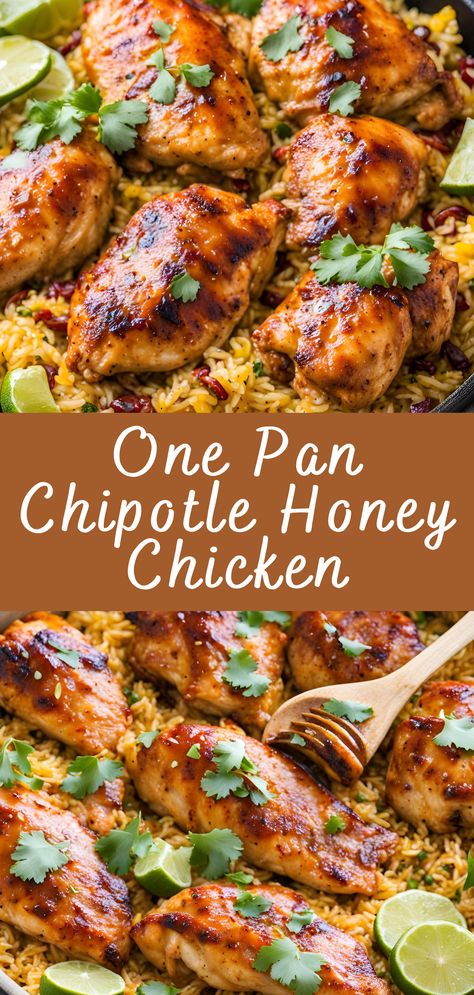 One Pan Chipotle Honey Chicken and Rice Recipe | Cheff Recipes One Pan Chipotle Honey Chicken And Rice, Honey Chipotle Chicken Wrap, Spicy Chicken And Rice Recipes, Chicken Recipe For A Crowd, Honey Dinner Recipes, Honey Chicken And Rice, Chipotle Chicken And Rice, Chipotle Honey Chicken, Spicy Chicken And Rice