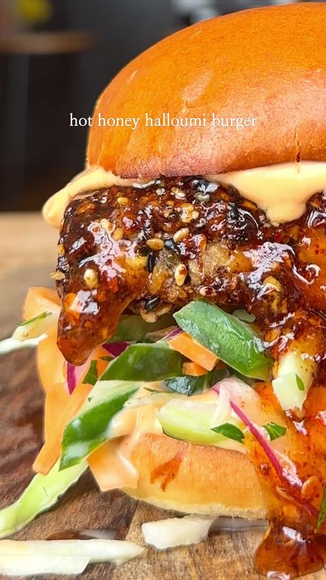 Tofu Patties, Honey Halloumi, Cucumber Slaw, Vegan Halloumi, Vegan Brioche, Chilli Mayo, Halloumi Burger, Fried Halloumi, White Cabbage