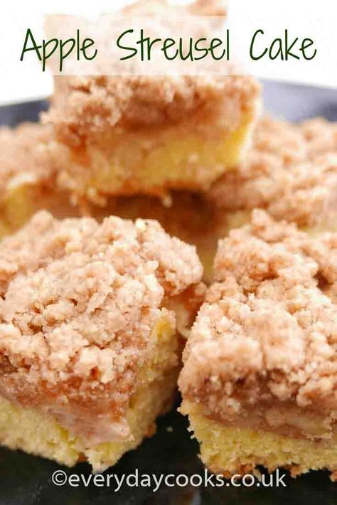 Apple Streusel cake. A layer of vanilla sponge then cinnamon apples, and a sweet cinnamon crumb to top. #applestreusel Apple Streusel Cake, Banana Crumb Cake, Pudding Desserts Recipes, Apple Pie Cake, Apple Crumb Cakes, Streusel Cake, Apple Spice Cake, Crumb Cake Recipe, Apple Streusel