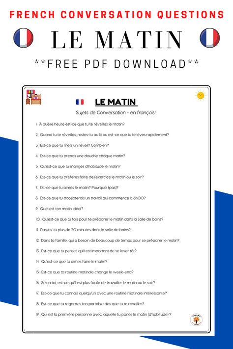 Use these French conversation questions in your language class to get your students talking! -- Questions are all about morning routine and perfect for practicing reflexive verbs -- Great to practice vocabulary from your French lessons too! -- Free Pdf Download available -- More French conversation questions available with free downloads too -- #happymaplelanguageco #teachergram #frenchteachersofinstagram #frenchteachers #teacher #teach #education French Conversation Starters, French Conversation Practice, Questions In French, French Documents, French Speaking Activities, Free French Lessons, French Printable, Reflexive Verbs, Activities For The Classroom