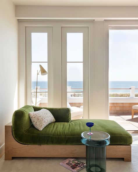 The Goal for This Family's New Jersey Summer House? Bring NYC to the Beach Beach House Day Bed, Oceanside Sofa, Green Sofa Sea, Beach House Sofa, Long Beach Sofa, Nj Beach House, Beach House New Jersey, Eclectic Modern Bedroom, Green Chaise Lounge