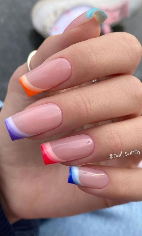 24 Best Summer French Tip Nails, French colour nails, nail designs 2021 Holiday Nails Summer, Colored French Nails, Summer Holiday Nails, Nail Art French, Holiday Acrylic Nails, Unghie Sfumate, Minimalist Nail Art, French Tip Acrylic Nails, Nails Summer