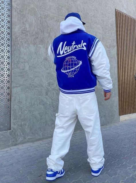 Man Street Style, Blue And White Outfits, Varsity Jacket Outfit, Spiritual Fashion, Drippy Outfit, Streetwear Outfit Ideas, Drip Outfit Men, Trendy Boy Outfits, Outfit Streetwear