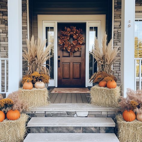 Subdivision Entrance Fall Decor, Fall Doorway Decor, Cornstalk Decor, Fall Wagon Decor, Fall Decor Door, Warm Color Palettes, Home Fall Decor, Thanksgiving Home Decorations, Cozy Up Your Home