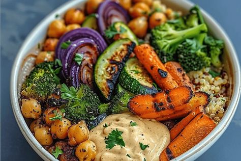 Roasted Veggie Chickpea Bowls with Maple Dijon Tahini Dressing Roasted Veggie Chickpea Bowl, Roasted Vegetable And Chickpea Bowl With Maple Dijon Tahini Dressing, Roasted Veggie & Chickpea Bowls With Maple Dijon Tahini Dressing, Roasted Veggies With Tahini Sauce, Plant Based Dressing Recipes, Quinoa Dressing Recipes, Heart Healthy Plant Based Recipes, Gf Df Dinner, Quinoa Bowl Recipes