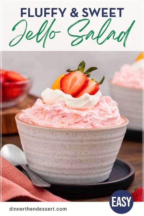 Jello Salad is an old-fashioned treat that combines gelatin, cool whip, cottage cheese, and fruit into one fluffy, sweet creamy dessert!  The pink fluff salad is perfect for serving with family dinners or as a shareable dessert for family gatherings, potlucks, or parties. Jello Cool Whip Dessert, Jello Fluff Recipes, Jello And Yogurt, Whip Cottage Cheese, Desserts To Make With Kids, Cottage Cheese And Fruit, Strawberry Jello Salad, Shareable Desserts, Cool Whip Desserts