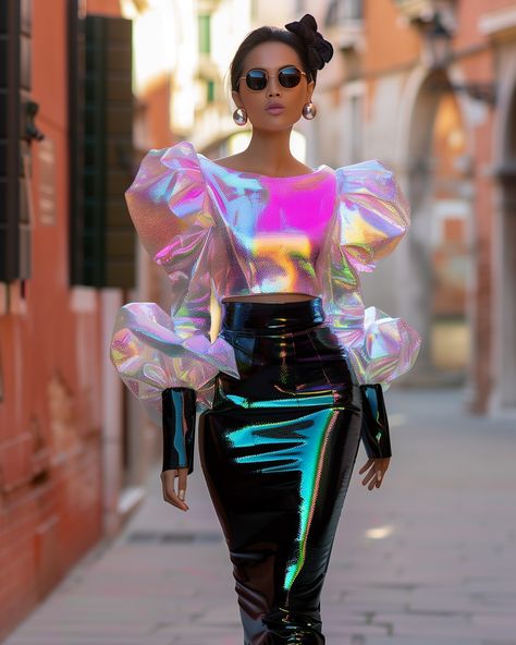 Ready to party in Venice 🇮🇹✨💖 #iridescent #fashionshow Irridescent Clothes, Iridescent Dress Aesthetic, Iridescent Jacket, Iridescent Outfit Holographic Fashion, Iridescent Clothing, Iridescent Trench Coat, Festival Outfit Inspiration, Festival Outfits Rave, Outfits Rave