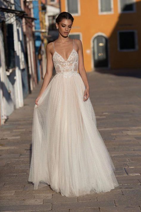 Spaghetti Strap Wedding Dress, Gali Karten 2018 Bridal Collection | ElegantWedding.ca #weddingdresses Gali Karten, Editorial Vogue, Spaghetti Strap Wedding Dress, Backless Bridal Gowns, Beach Wedding Dress Boho, Lace Bride, Wedding Dresses 2018, Wedding Dresses With Straps, Wedding Boho