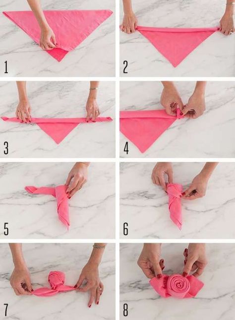 14 pliages de serviettes faciles pour vos magnifiques tables de fêtes Napkin Folding Tutorial, Cloth Napkin Folding, Creative Napkins, Towel Animals, Pink Napkins, Valentines Day Dinner, Towel Crafts, Napkin Folding, Kraf Diy