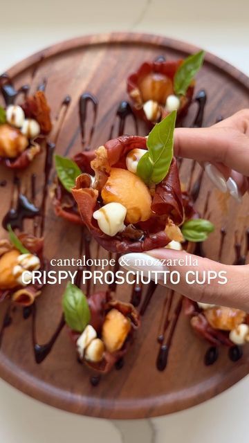 Nicolle Love | Cheese, Wine, Recipes & Dinner Parties on Instagram: "Comment APPETIZER for the full recipe sent to your inbox!! 🧀🥓 (make sure you are following me to receive the DM!)  These crispy prosciutto cups take 10 minutes to make and are the perfect combination of sweet & salty for a light fresh summer appetizer bite 😍🥓  What you’ll need:   🥓 8oz prosciutto  🥓 1/2 of a cantaloupe  🥓 mozzarella cheese balls  🥓 fresh basil  🥓 balsamic glaze   SAVE this easy appetizer recipe and follow @convinoboard for more ✅🥓🧀  • • #appetizer #cheeselover #cheese #appetizers #recipeoftheday #prosciutto #summerfood #recipe #eastcoastfoodies" Prosciutto Cups, Mozzarella Cheese Balls, Crispy Prosciutto, Cheese Wine, Summer Appetizer, Appetizer Bites, Cheese Balls, Cheese Appetizers, Birthday Party Food