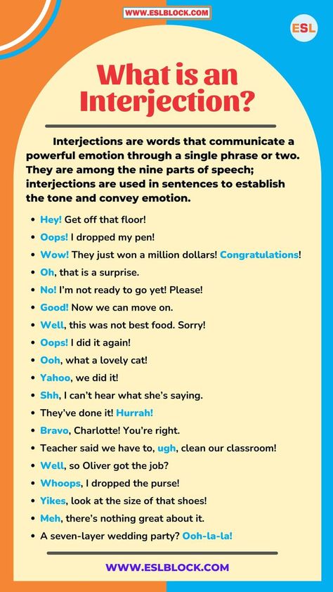 Parts Of Speech Example Sentences, Interjections Worksheet, Parts Of Sentences, Articles In English Grammar, Speech In English, English Conversation Learning, English Grammar Notes, English Grammar For Kids, English Today