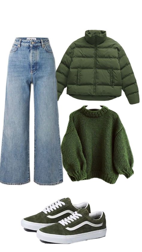 Stay effortlessly stylish with this cozy green streetwear outfit, perfect for casual winter days. The look features an oversized olive green puffer jacket, a chunky knit sweater in a matching hue, classic straight-leg blue jeans for a laid-back vibe, and olive green Vans sneakers for a sporty touch. This outfit combines comfort and on-trend fashion, making it ideal for chilly weather outings, urban strolls, or coffee runs. Embrace the streetwear aesthetic with this versatile and easy-to-recreate look!#StreetwearStyle #WinterOutfits #CasualFashion #CozyStreetwear #GreenAesthetic #ChunkyKnitSweater #PufferJacketVibes #UrbanStyle #TrendyOutfits2024 Olive Puffer Jacket Outfit, Olive Green Puffer Jacket Outfit, Green Streetwear Outfit, Olive Green Sweater Outfit, Puffer Jacket Outfit Aesthetic, Olive Jacket Outfit, Green Puffer Jacket Outfit, Olive Green Jacket Outfits, Olive Green Vans