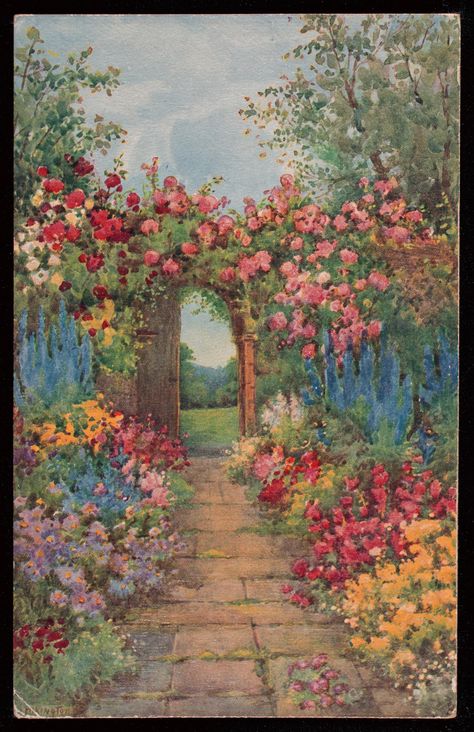 Garden Archway, Garden Drawing, Garden Painting, Printable Image, English Garden, Watercolor Landscape, Diy Paper, Beautiful Paintings, Both Sides