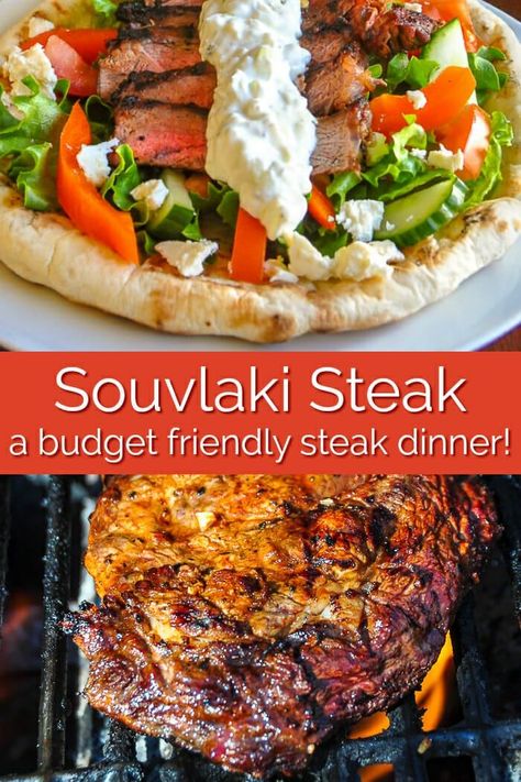 Greek Steak, Meal Budget, Homemade Grill, Round Homes, Recipes Budget, Souvlaki Recipe, Grilled Flatbread, Mediterranean Diet Recipes Dinners, Tzatziki Recipes