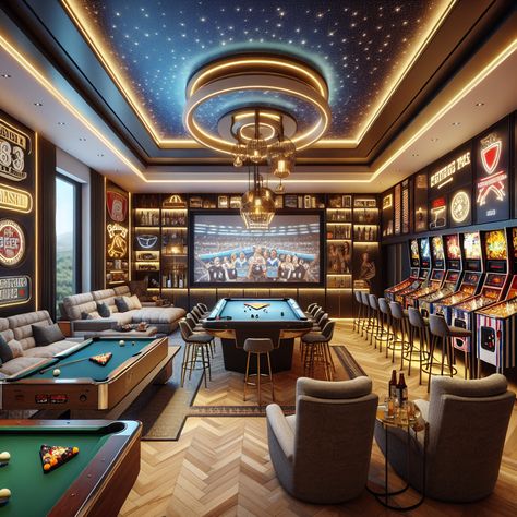 Dive into a modern-retro man cave, equipped with a colossal flatscreen TV, vintage pinball machines, a professional pool table, and a fully stocked bar. Walls are adorned with autographed memorabilia, making it the perfect relaxation hub.#ManCave #HomeBar #GameRoom #VintageArcade #SportsMemorabilia #HomeEntertainment Bars Ideas, John Gotti, Cave Room, Dream House Aesthetic, Barn Plan, Arcade Room, Hotel Lobby Design, Man Cave Room, Home Cinema Room