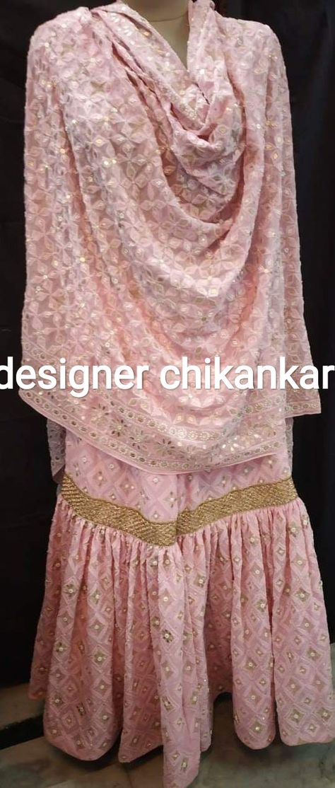 Bollywood inspired customized handcrafted chikankari gharara in pure georgette fabric in pretty pastel pink with 3 meter duppatta , blouse and gharara. Cna be customized as per the customers choice. Chikankari Gharara, Chatapati Gharara, Gharara Designs, Gotta Patti, Georgette Fabric, Pretty Pastel, Pastel Pink, Pastel, Pure Products